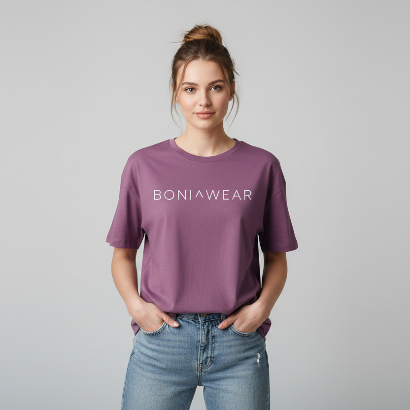 Medium purple oversized t-shirt with white BONIWEAR logo