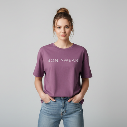 Medium purple oversized t-shirt with white BONIWEAR logo