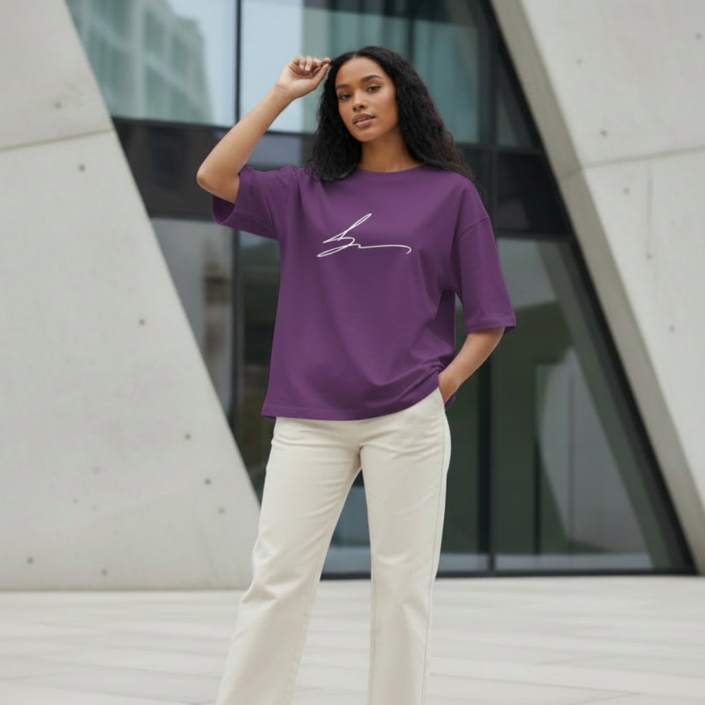 Medium purple oversized t-shirt with white signature logo