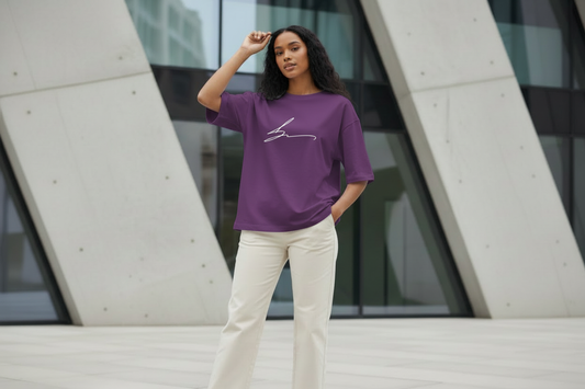 Medium purple oversized t-shirt with white signature logo