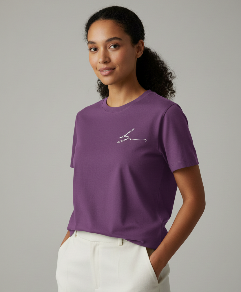 Medium purple short sleeve tee with signature logo