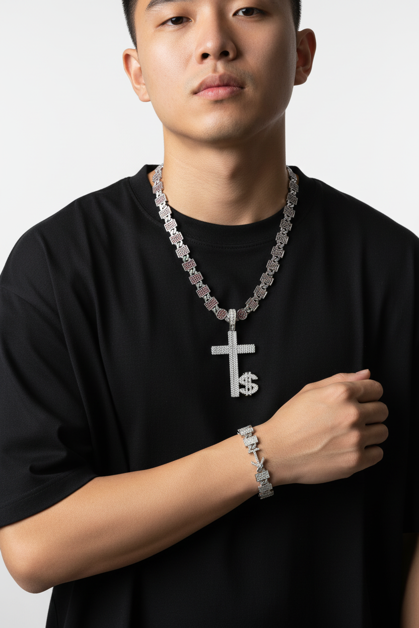Men's Silver Necklace & Bracelet Set - White Stones - Asian Model