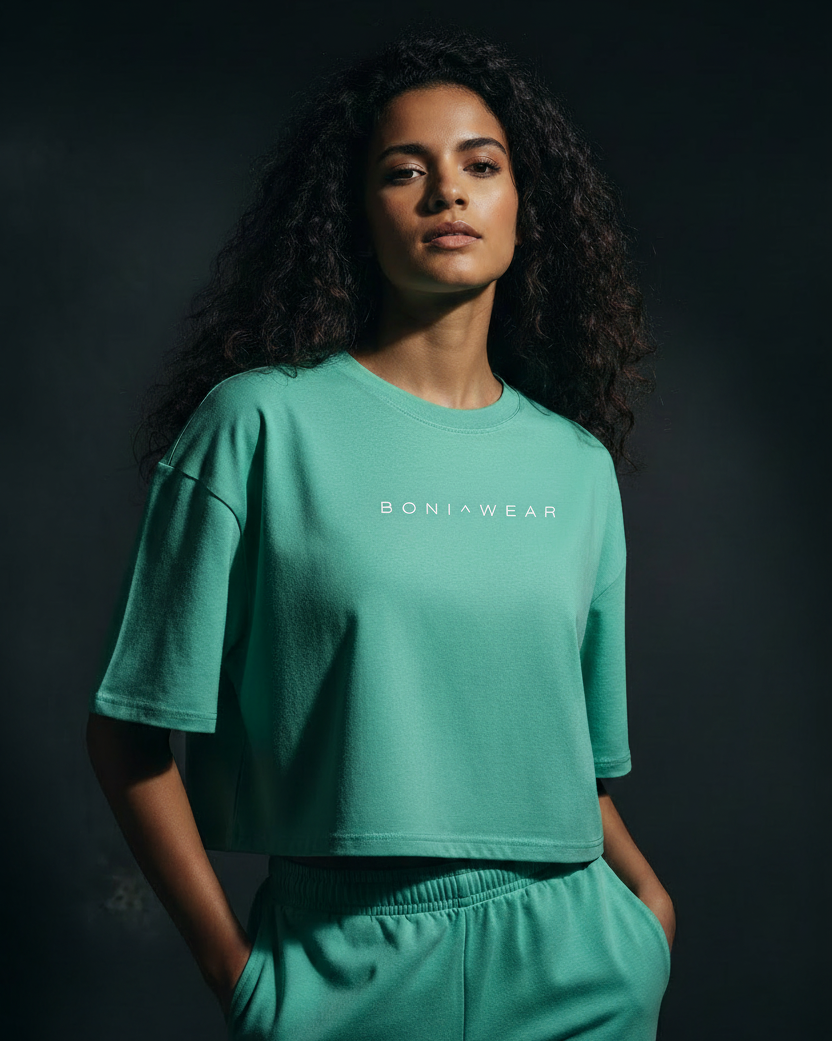 Mint green boxy fit cropped tee with BONI^WEAR logo