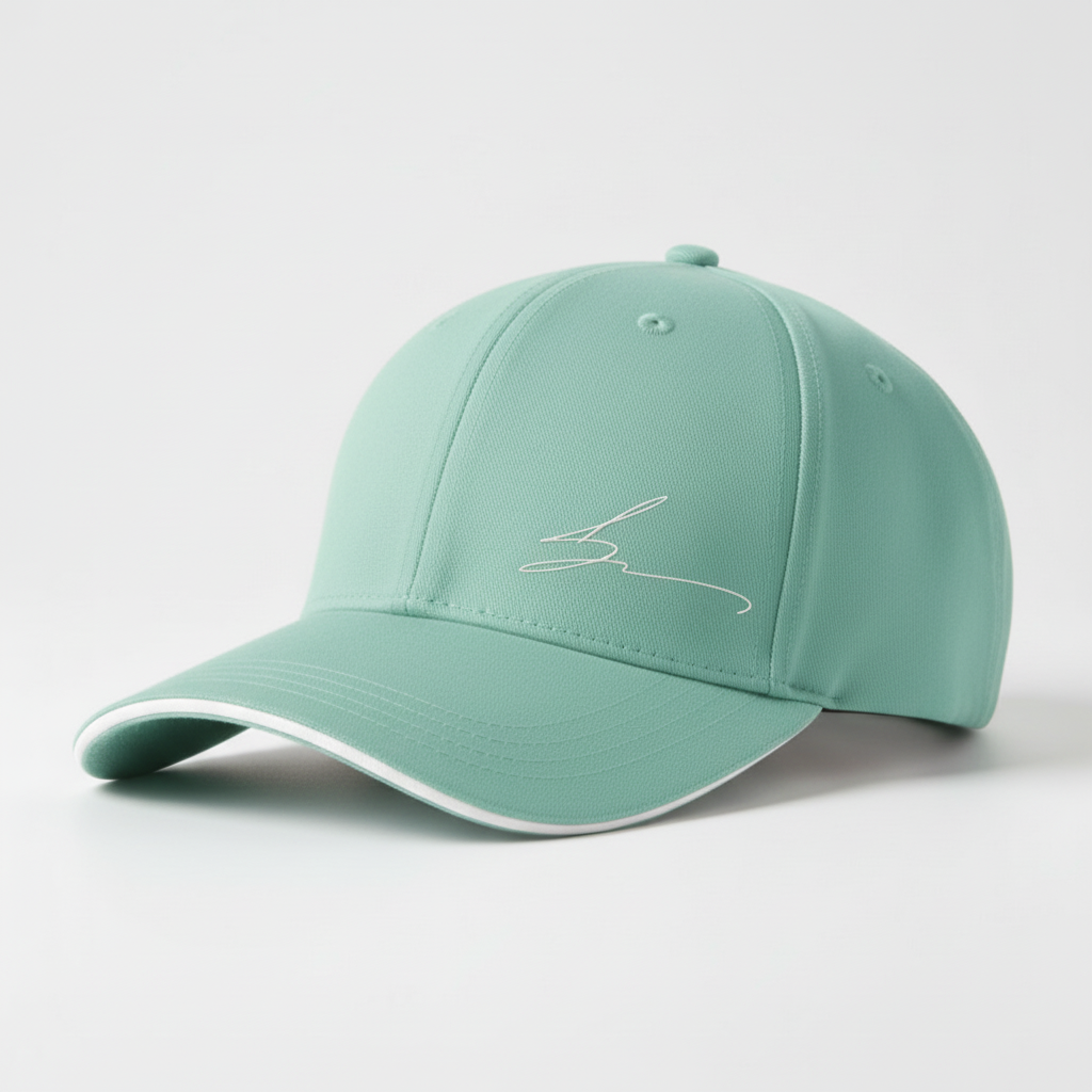 Mint green cap with white trim and white logo