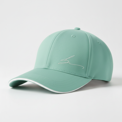 Mint green cap with white trim and white logo