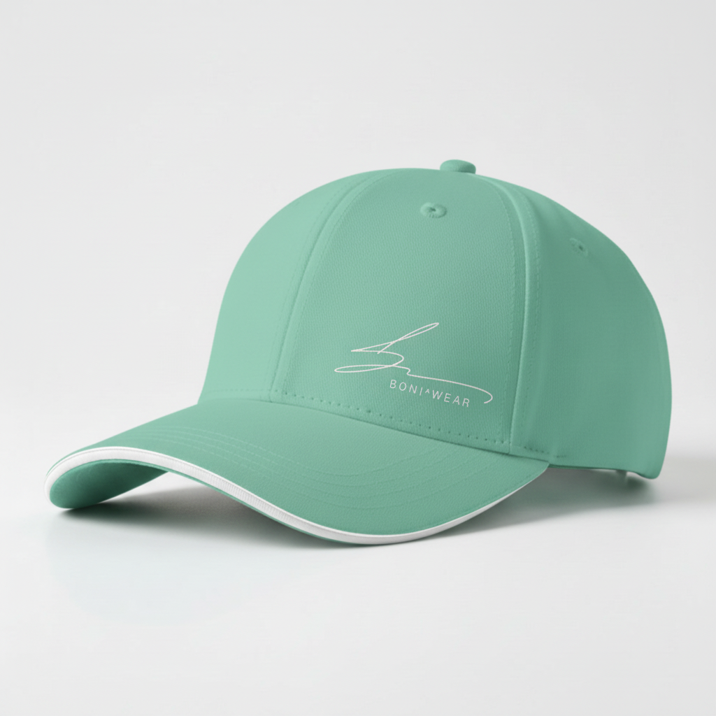 Mint green cap with white trim and white logo