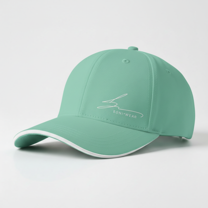 Mint green cap with white trim and white logo