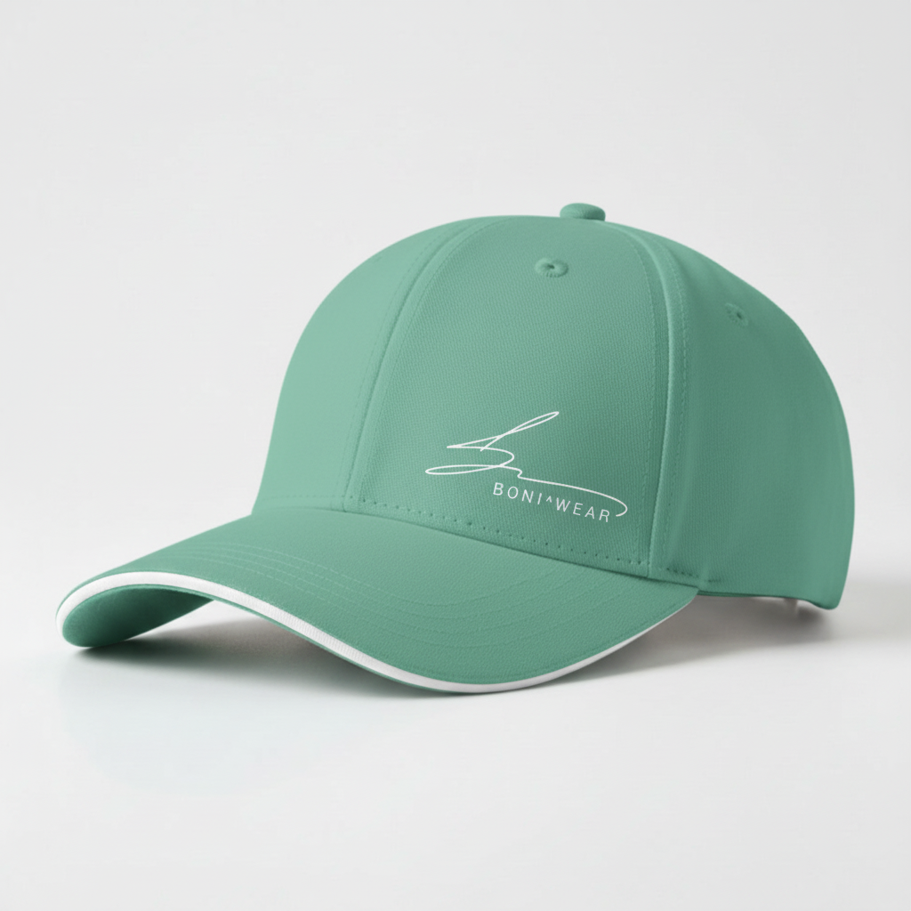 Mint green cap with white trim and white logo