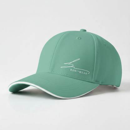 Mint green cap with white trim and white logo