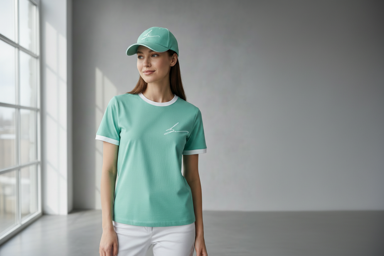 Mint green ensemble with white logo