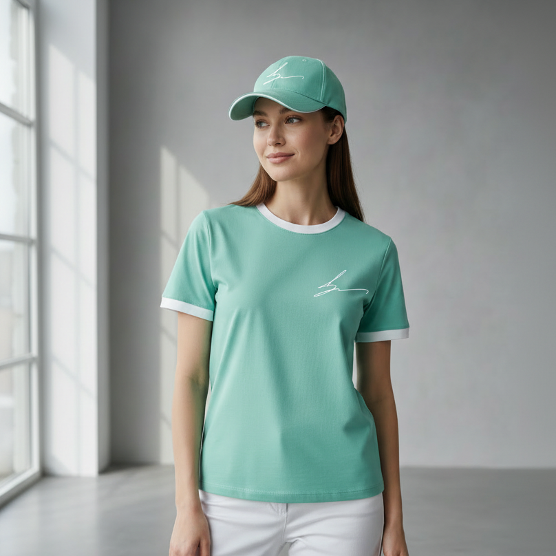Woman wearing a green t-shirt and cap in a bright room