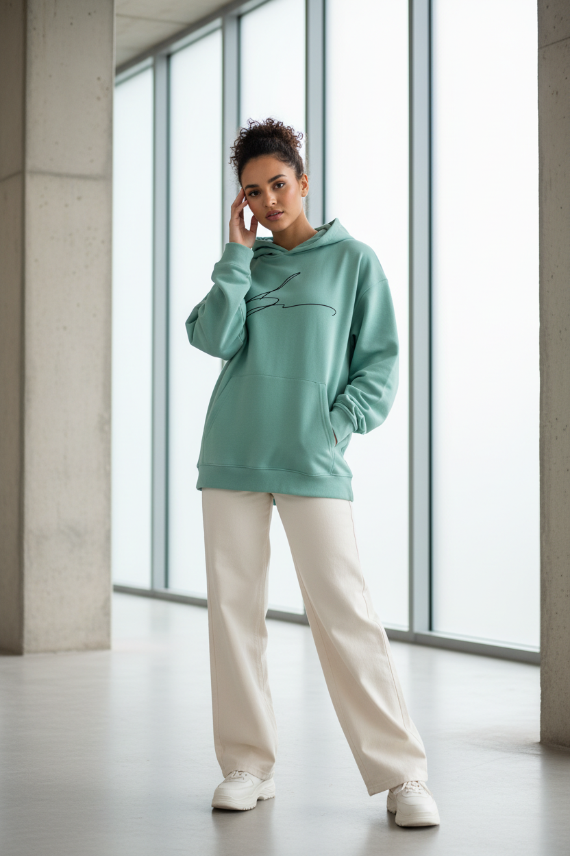 Mint green hoodie with signature logo