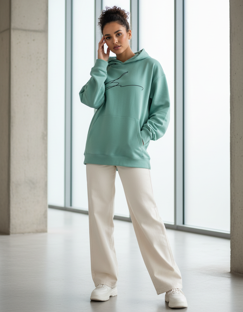 Mint green hoodie with signature logo