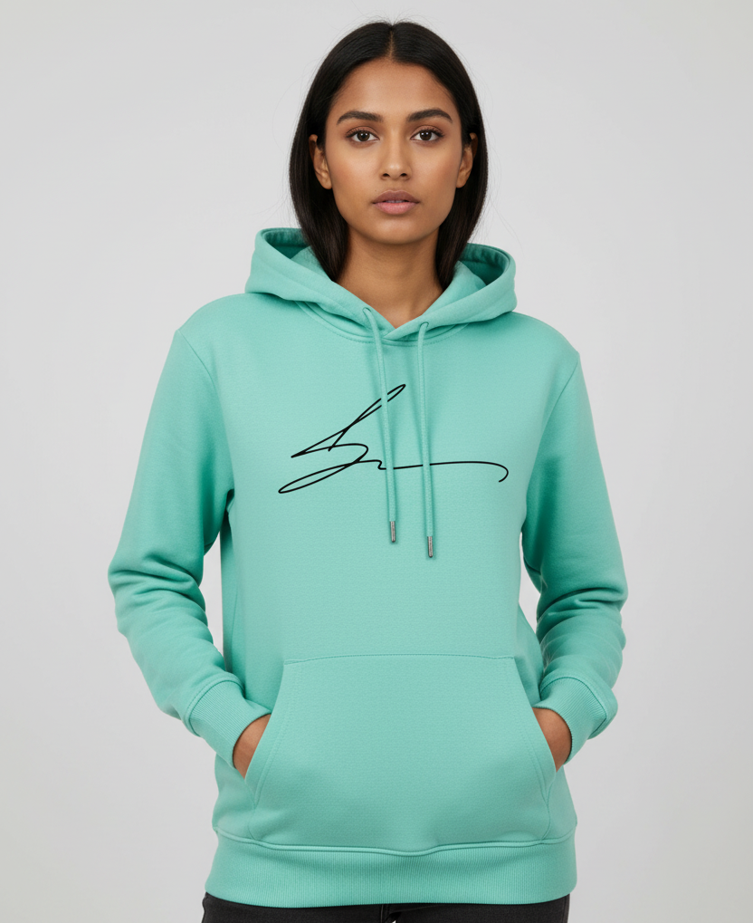 Mint green hoodie with signature logo