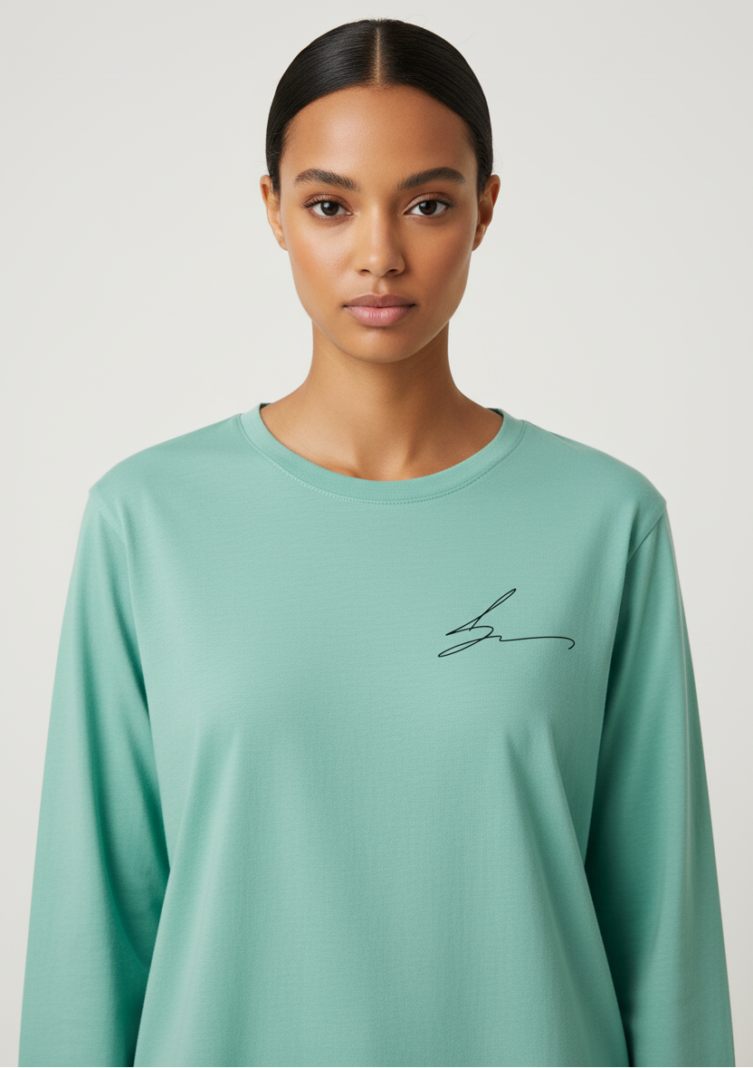 Mint green long sleeve tee with signature logo