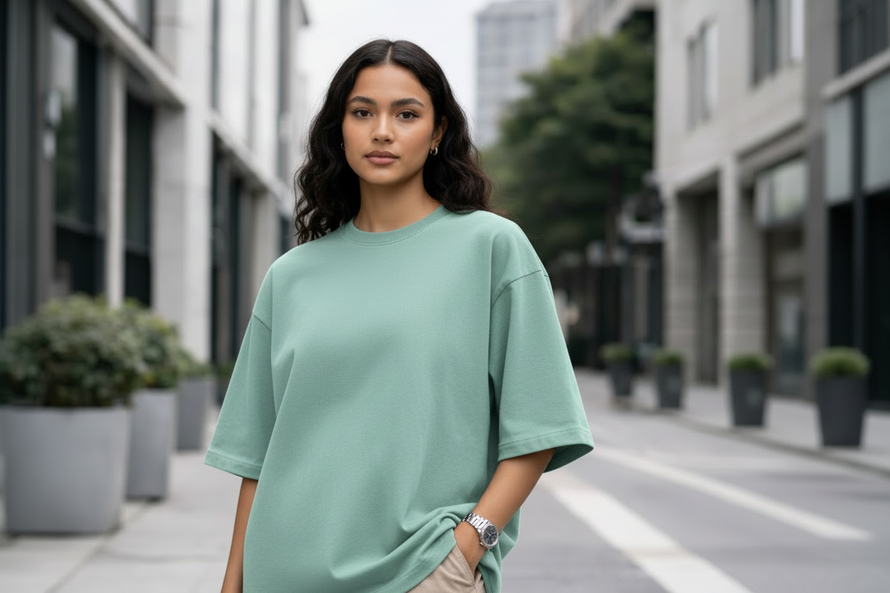 Mint green oversized t-shirt on female model