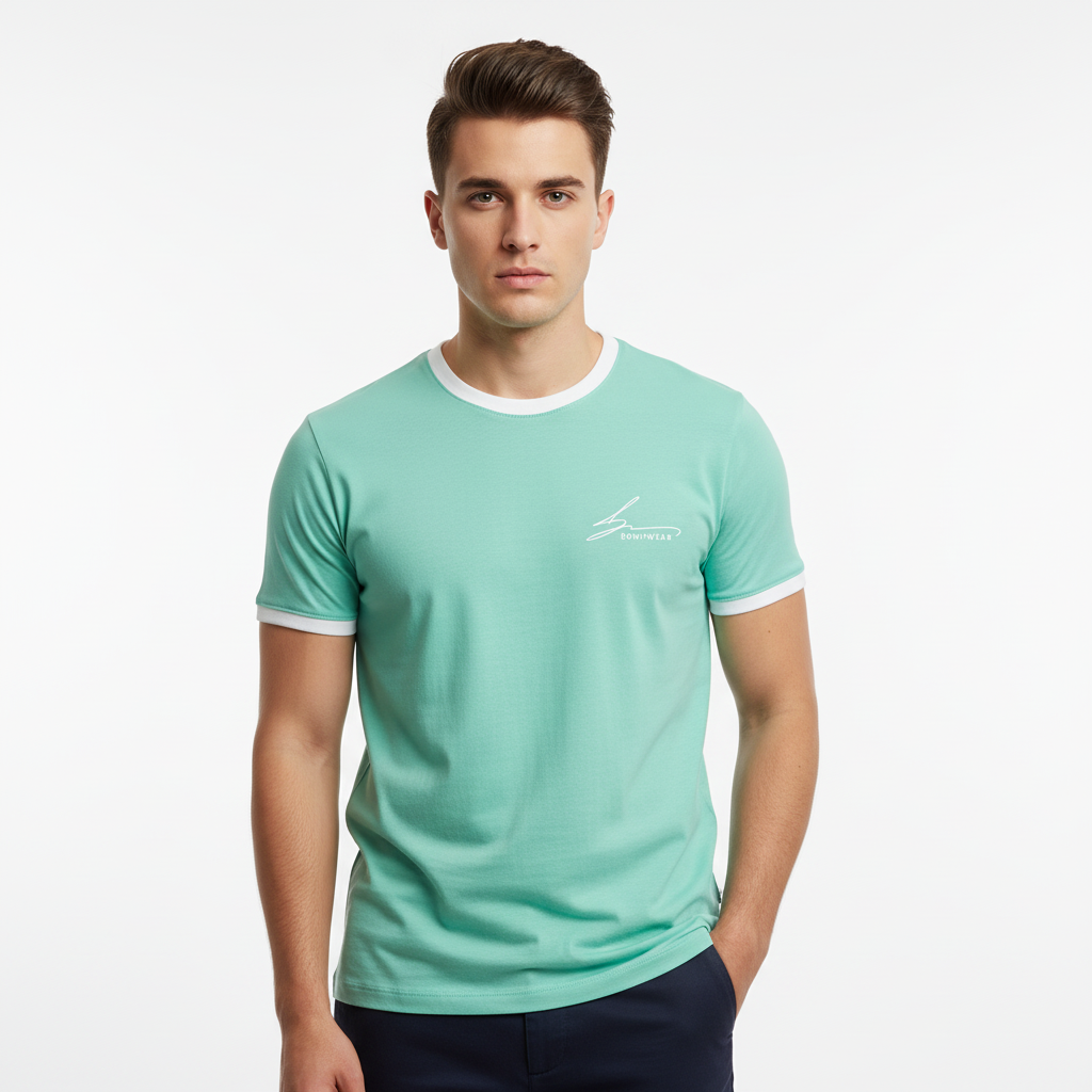 Mint green with white trim and white logo