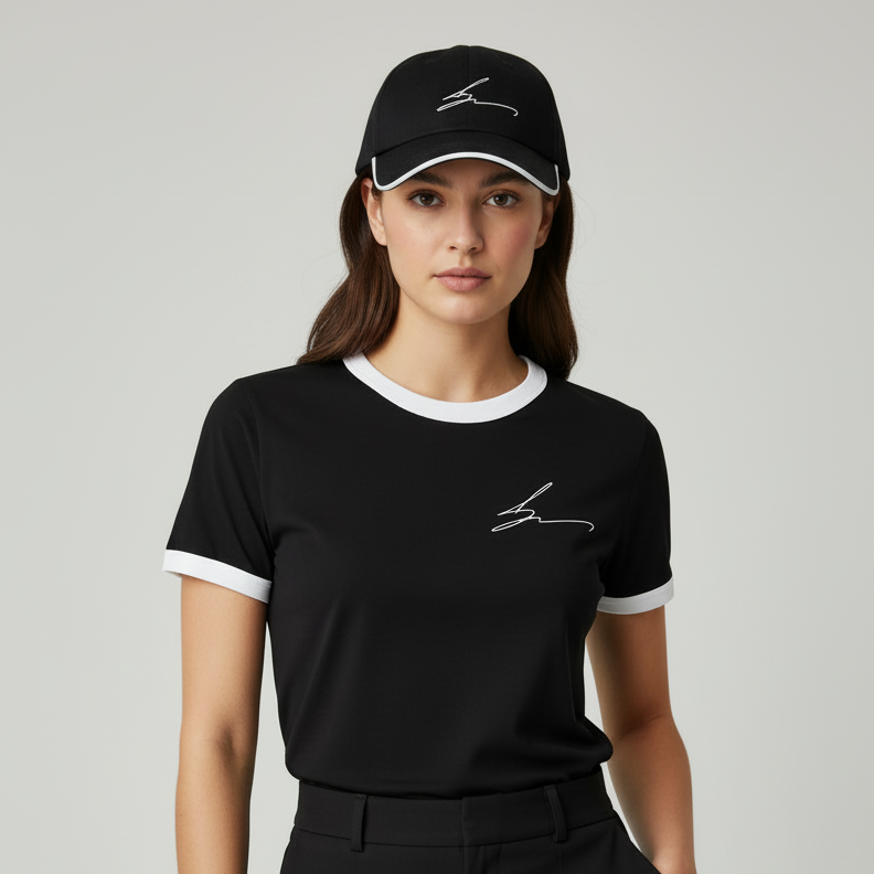 Woman wearing a black t-shirt and cap with a logo on a gray background