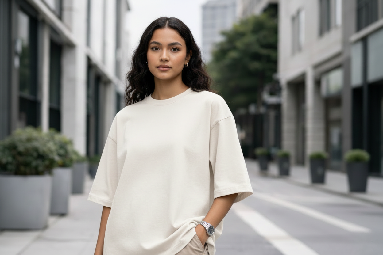 Off white oversized t-shirt on female model