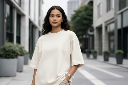 Off white oversized t-shirt on female model