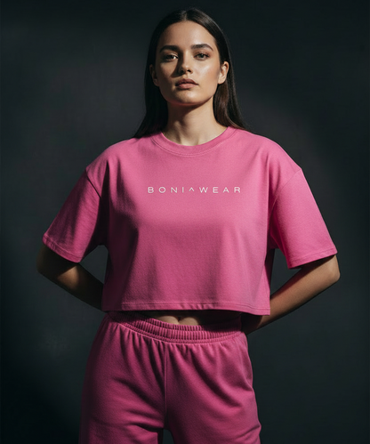 Pink boxy fit cropped tee with BONI^WEAR logo