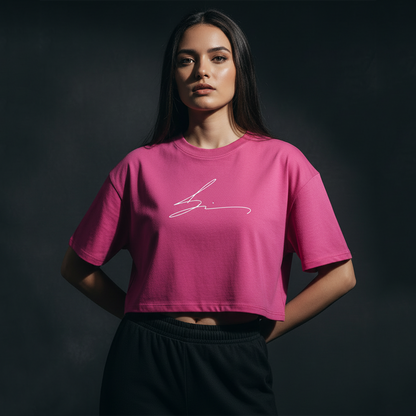 Pink boxy fit cropped tee with white logo