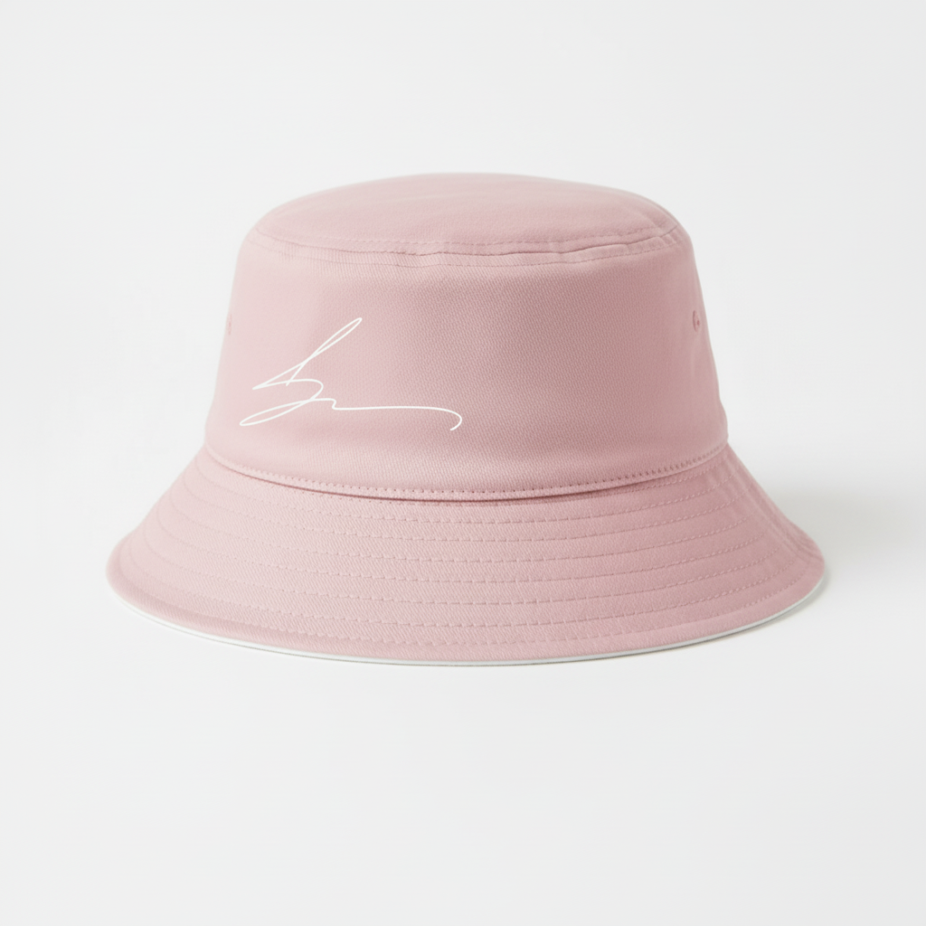 Pink bucket hat with signature logo