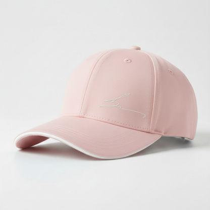 Pink cap with white trim and white logo