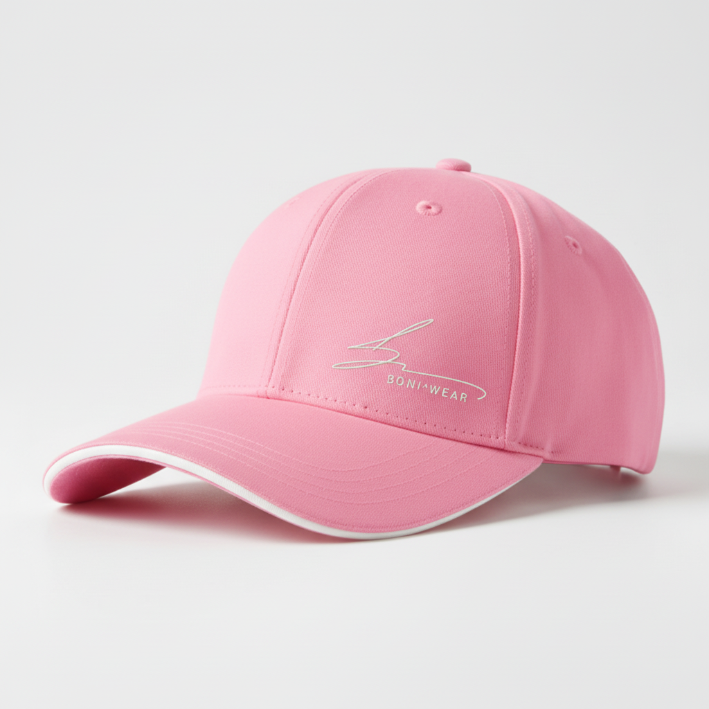 Pink cap with white trim and white logo