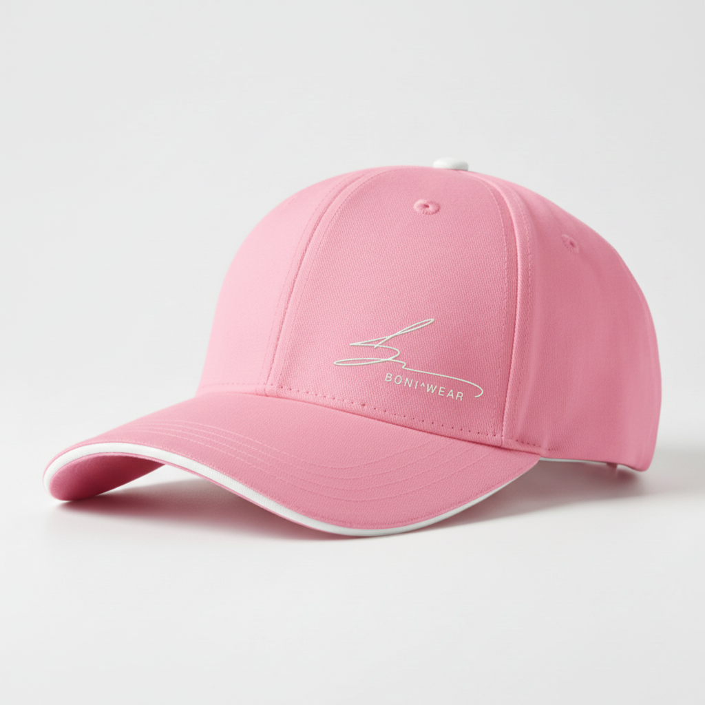 Pink cap with white trim and white logo