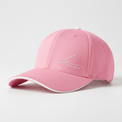 Pink cap with white trim and white logo