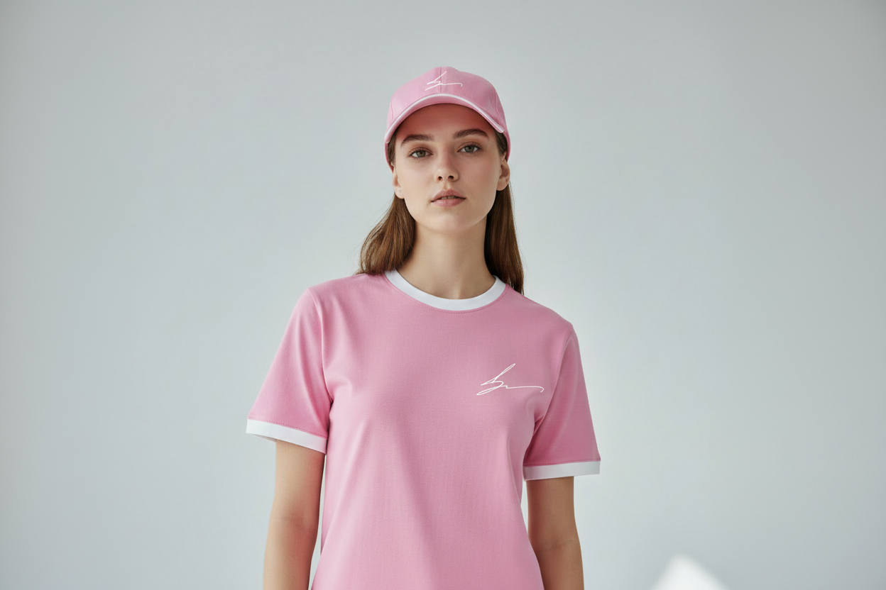 Pink ensemble with white logo