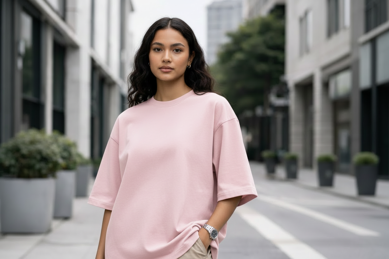 Pink oversized t-shirt on female model