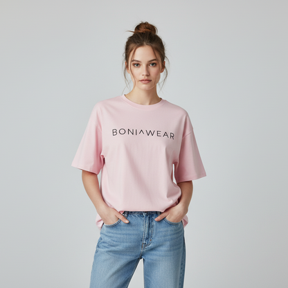 Pink oversized t-shirt with BONIWEAR logo