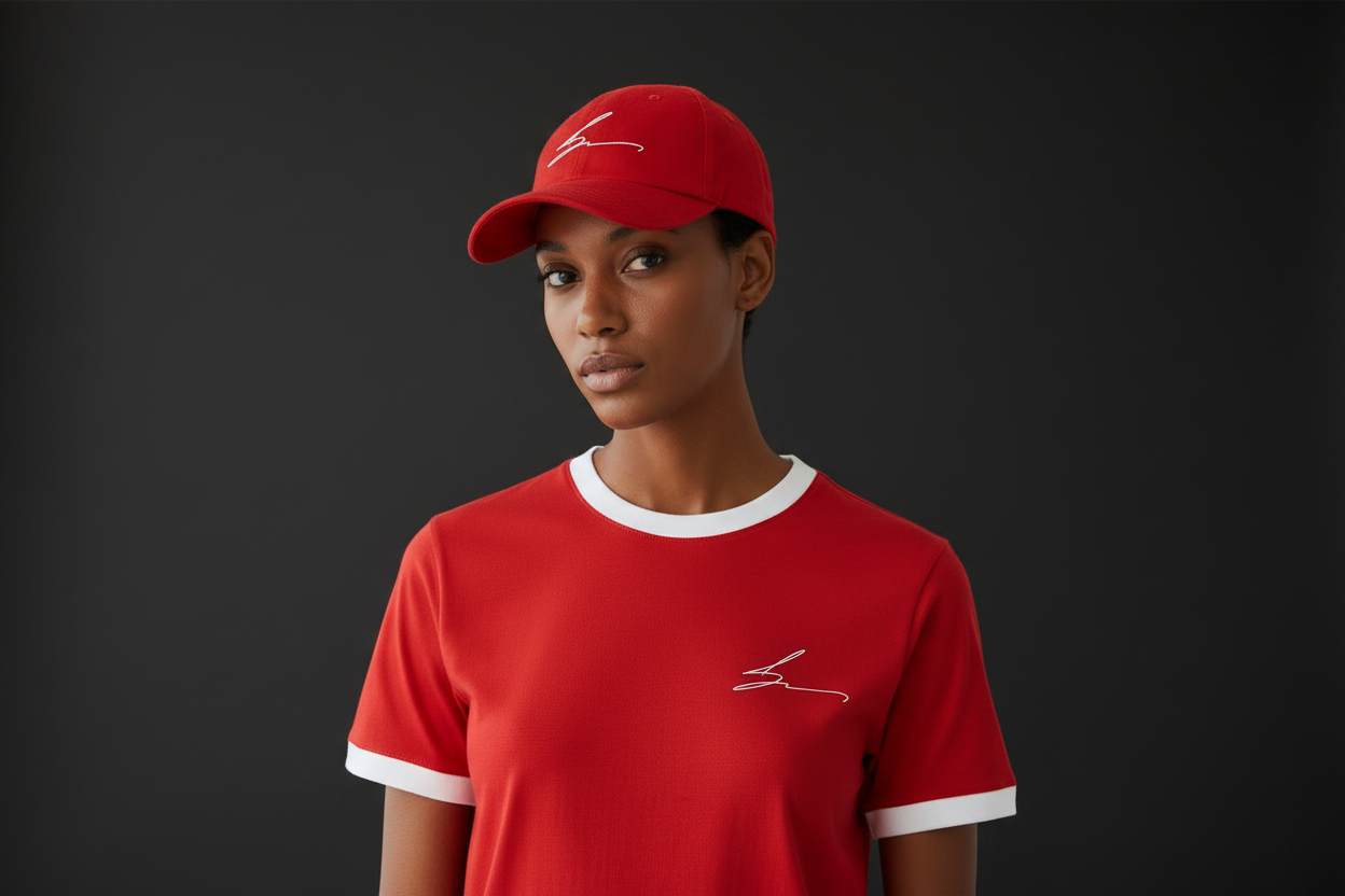 Red and white ensemble with white logo