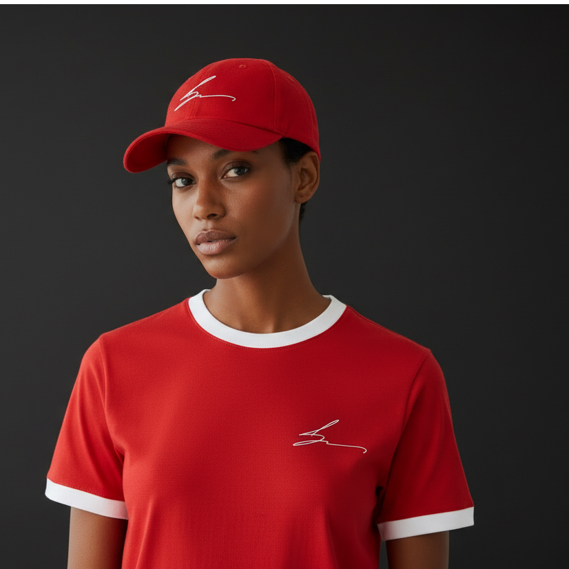 Person wearing a red cap and t-shirt with a logo on a black background