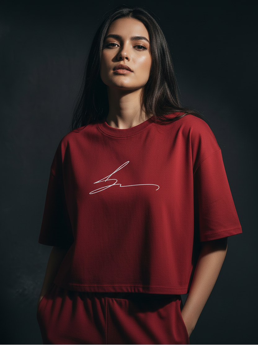 Red boxy fit cropped tee with white logo