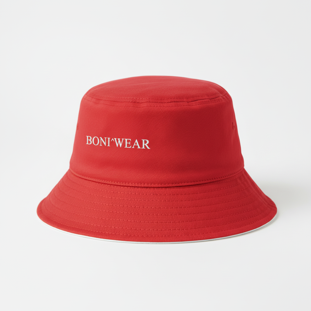 Red bucket hat with exact logo