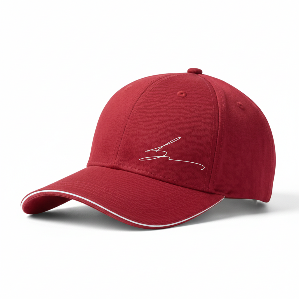 Red cap with white trim and white logo