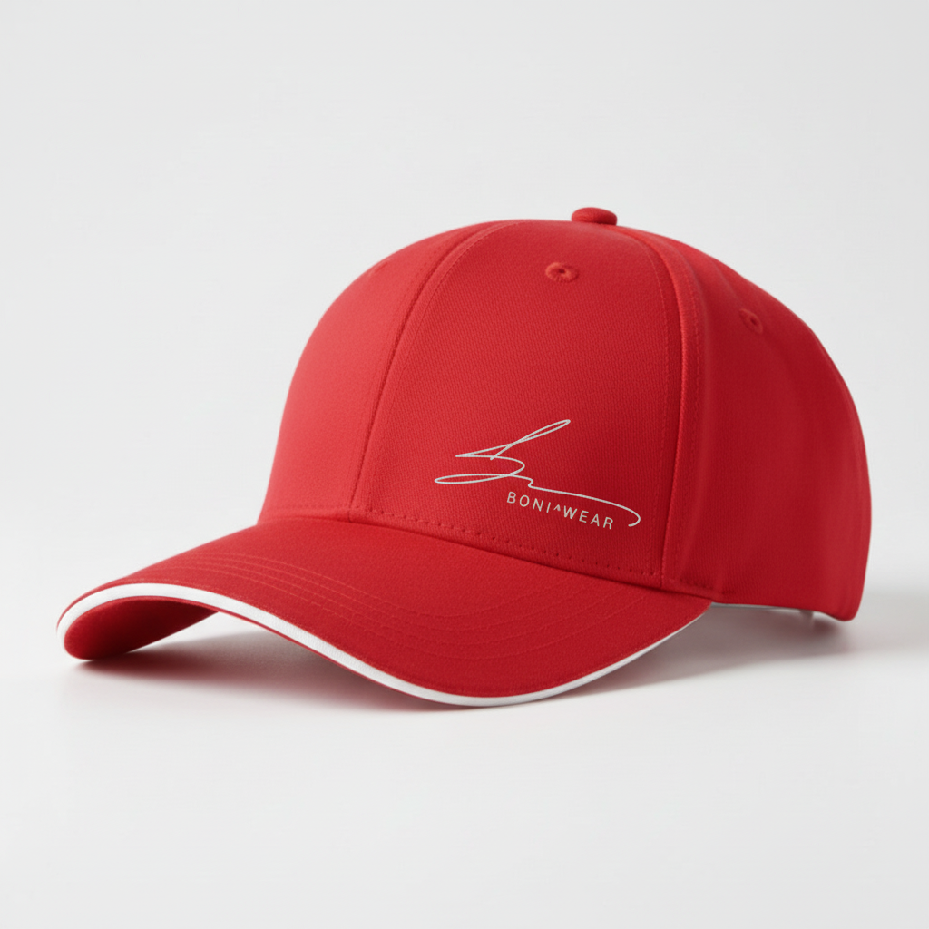 Red cap with white trim and white logo