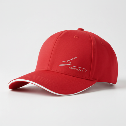 Red cap with white trim and white logo