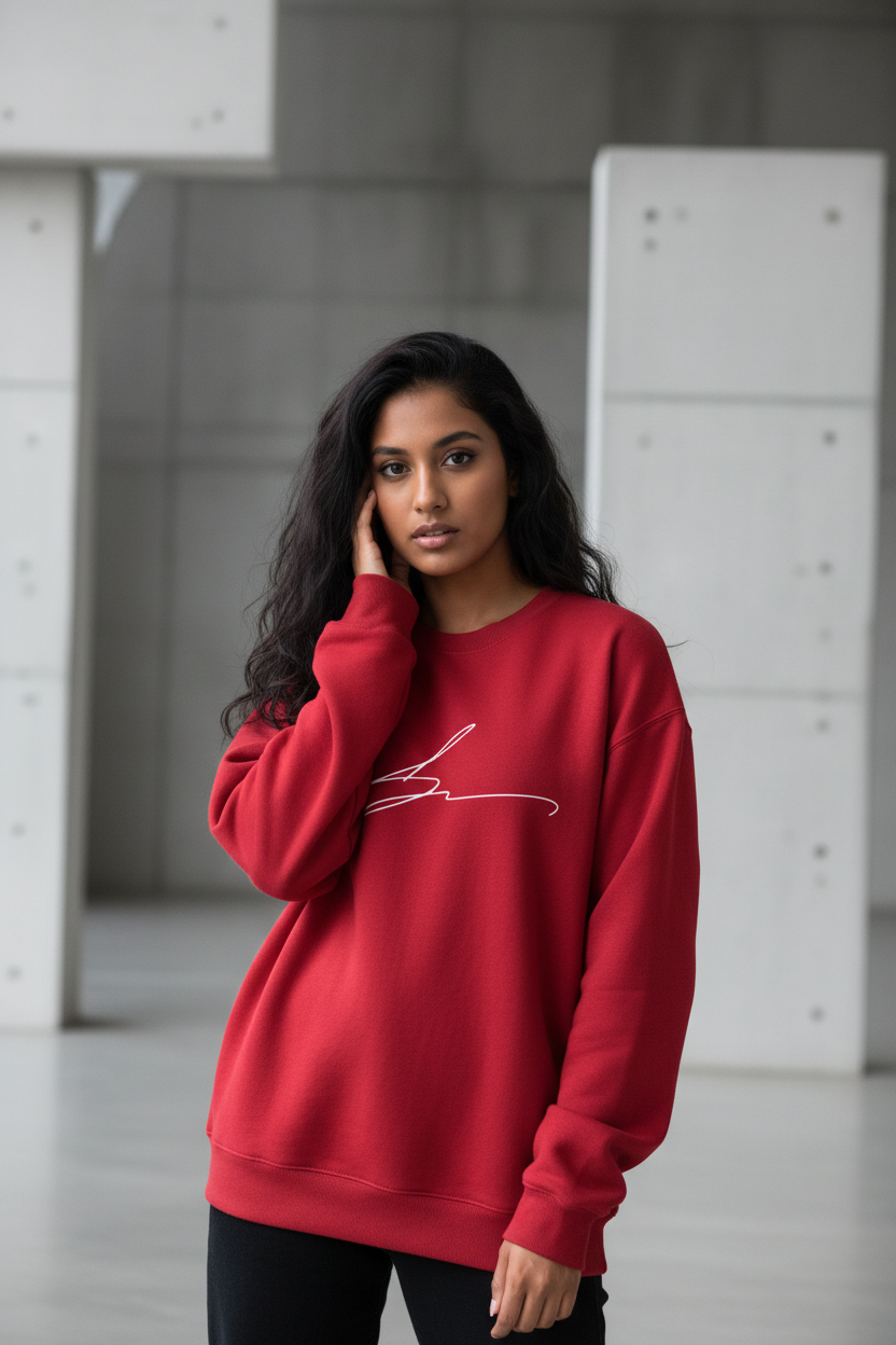 Red crewneck with signature logo