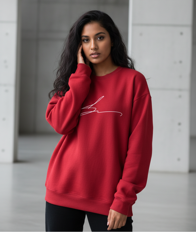 Red crewneck with signature logo
