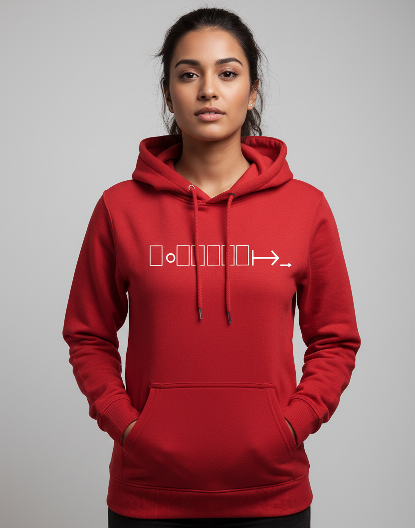 Red hoodie with geometric logo