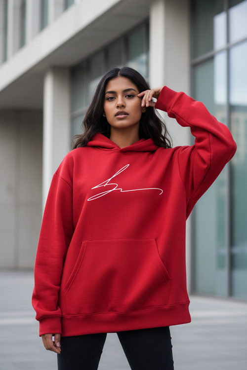 Red hoodie with signature logo