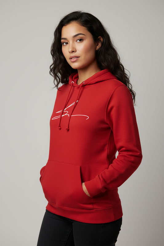 Red hoodie with signature logo