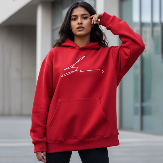 Red hoodie with signature logo