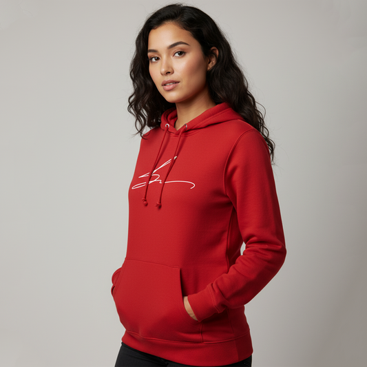 Red hoodie with signature logo
