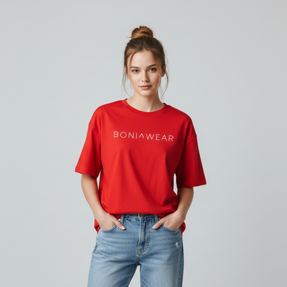 Red oversized t-shirt with white BONIWEAR logo