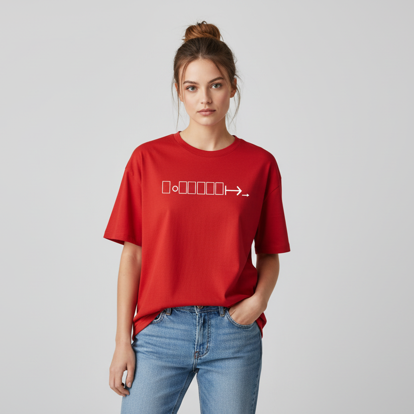 Red oversized t-shirt with white geometric logo
